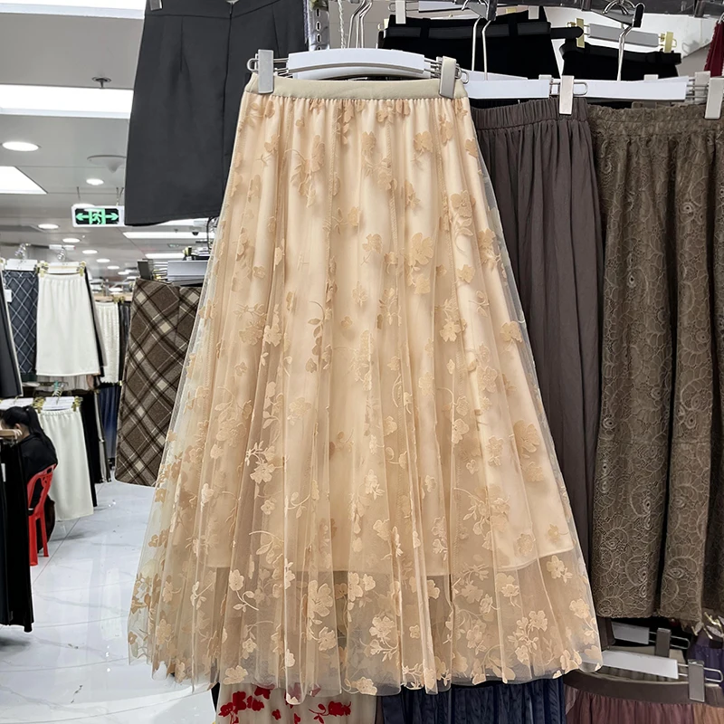 

Midi Skirts Double Gauze Floral Embroidery Elastic High-waisted Faldas Largas Autumn A-line Long Skirt Korean Style Dropshipping