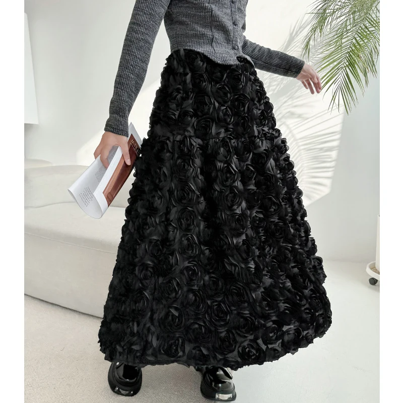 

Юбка женская трапециевидная с цветочным 3D рисунком, элегантная длинная юбка с завышенной талией и эластичным поясом, в французском стиле, Прямая поставка