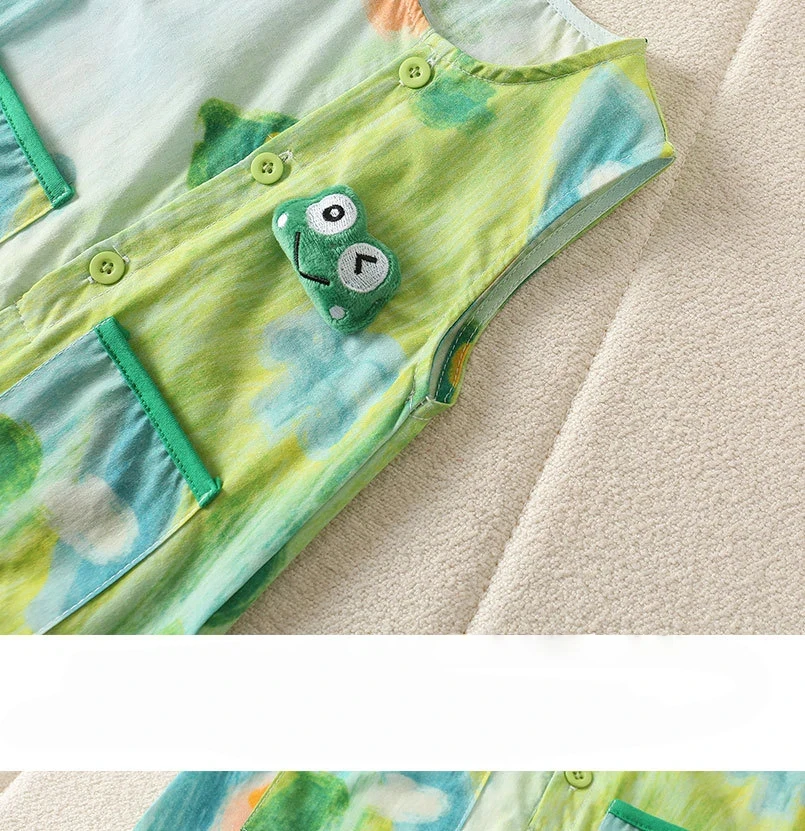 Summer Cute and Casual JumpSuit Frog and Lion Head Print Romper Half Front Open Wide Shoulder Short Crawling 5