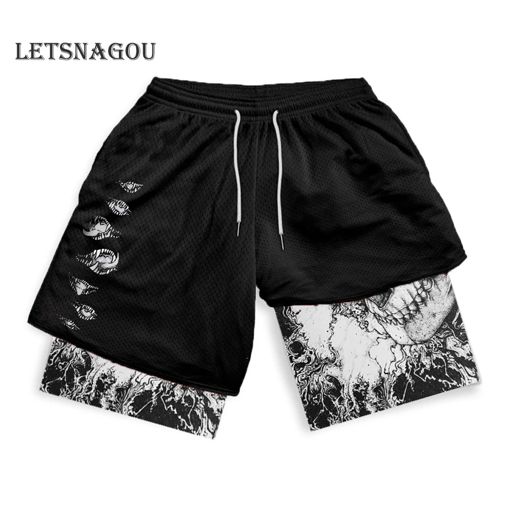 Men's Compression Shorts Anime Print Double Layer 2-in-1 Performance Shorts Breathable Quick-Drying Elastic Workout Shorts 2