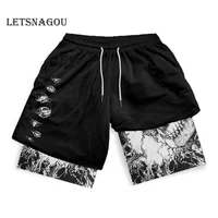 Men's Compression Shorts Anime Print Double Layer 2-in-1 Performance Shorts Breathable Quick-Drying Elastic Workout Shorts 2