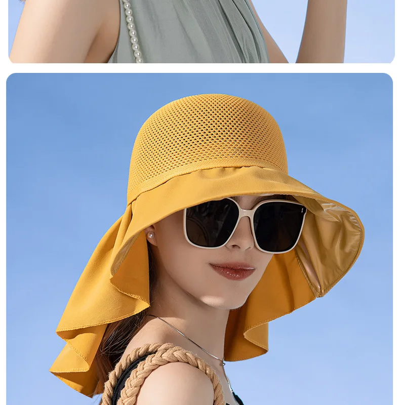 Sommerhut für Damen, mit Schal, leicht, atmungsaktiv, Netzstoff, Gesichts- und Nackenschutz, Sonnenhut mit Schleife, Falten-Design, für Reisen und Strand_voghion.com