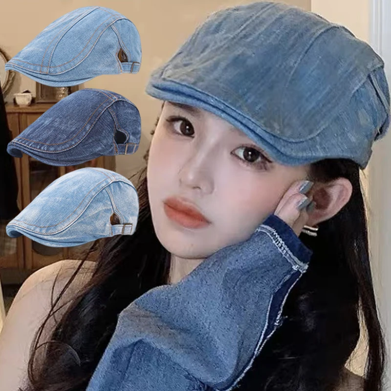 

Washed Denim Berets Hat Men Women Spring Summer Pure Cotton Peaked Flat Cap Artist Duckbill Hat Casual Herringbone Newsboy Caps