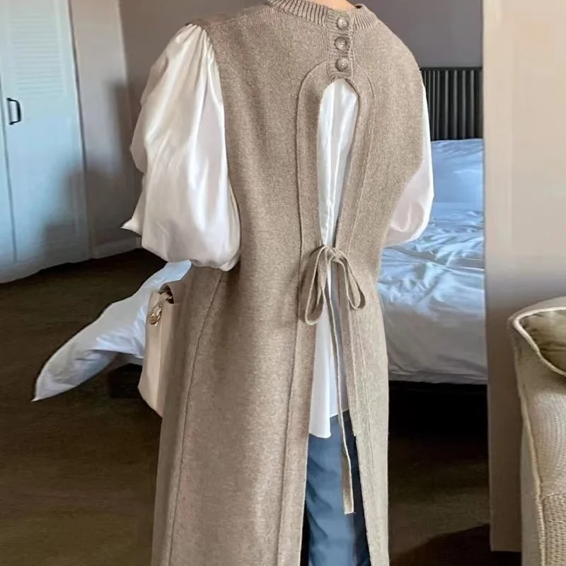 

Корейский шикарный модный комплект из 2 предметов, белая Свободная рубашка с пышными рукавами и жилет без рукавов, вязаное длинное платье на шнуровке сзади, костюм на осень-весну