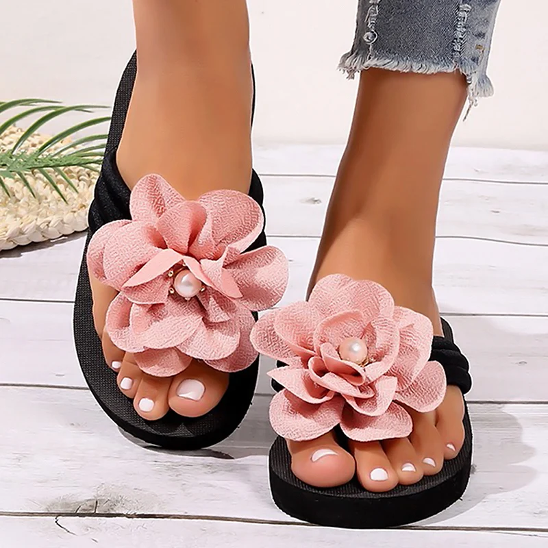 

Flower Pearl Flip Flops for Women 2023 Summer Platform Clip Toe Slippers Woman Casual Slip-On Wedge Slides Sandals Plus Size 43