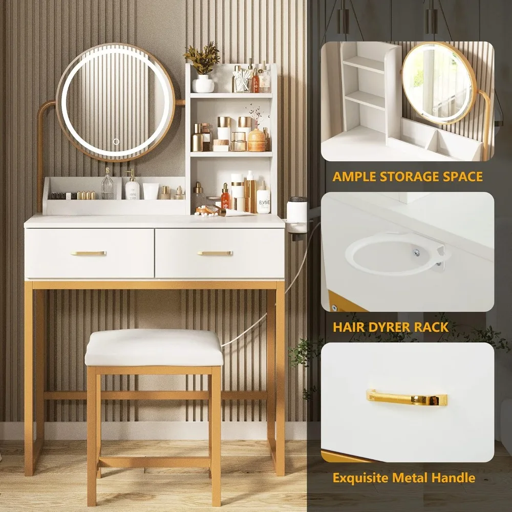 Vanity Makeup Desk with Round Mirror, Lights and 2 Drawers, 3 Lighting Modes, Small Vanity Table for Bedroom with Lots Storage 6