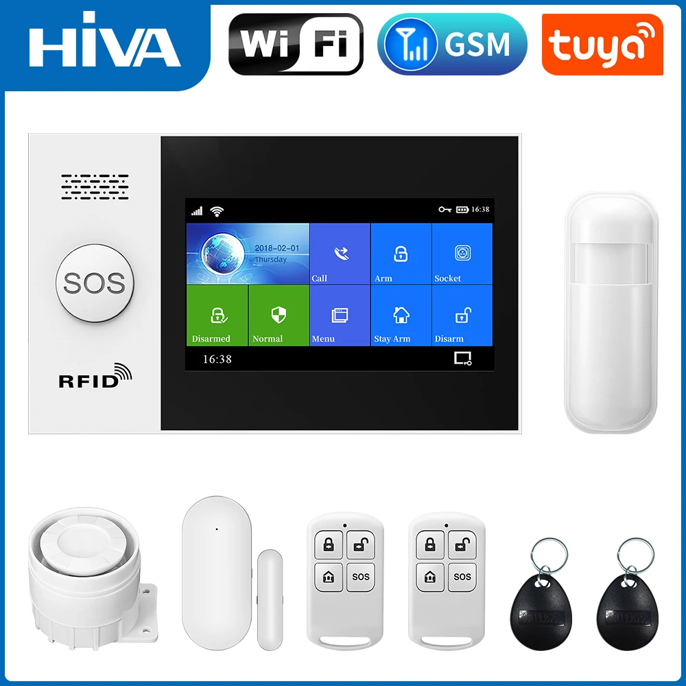 Система сигнализации HIVA Tuya с экраном 4,3 дюйма, Wi-Fi, GSM, GPRS, датчиком движения и дыма система сигнализации hiva pg 107 tuya с экраном 4 3 дюйма wi fi gsm gprs датчиком движения и дыма