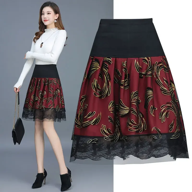 

New mid length half length skirt light proof pleated skirt large size high waist slim pompous skirt high waist slim floral skirt