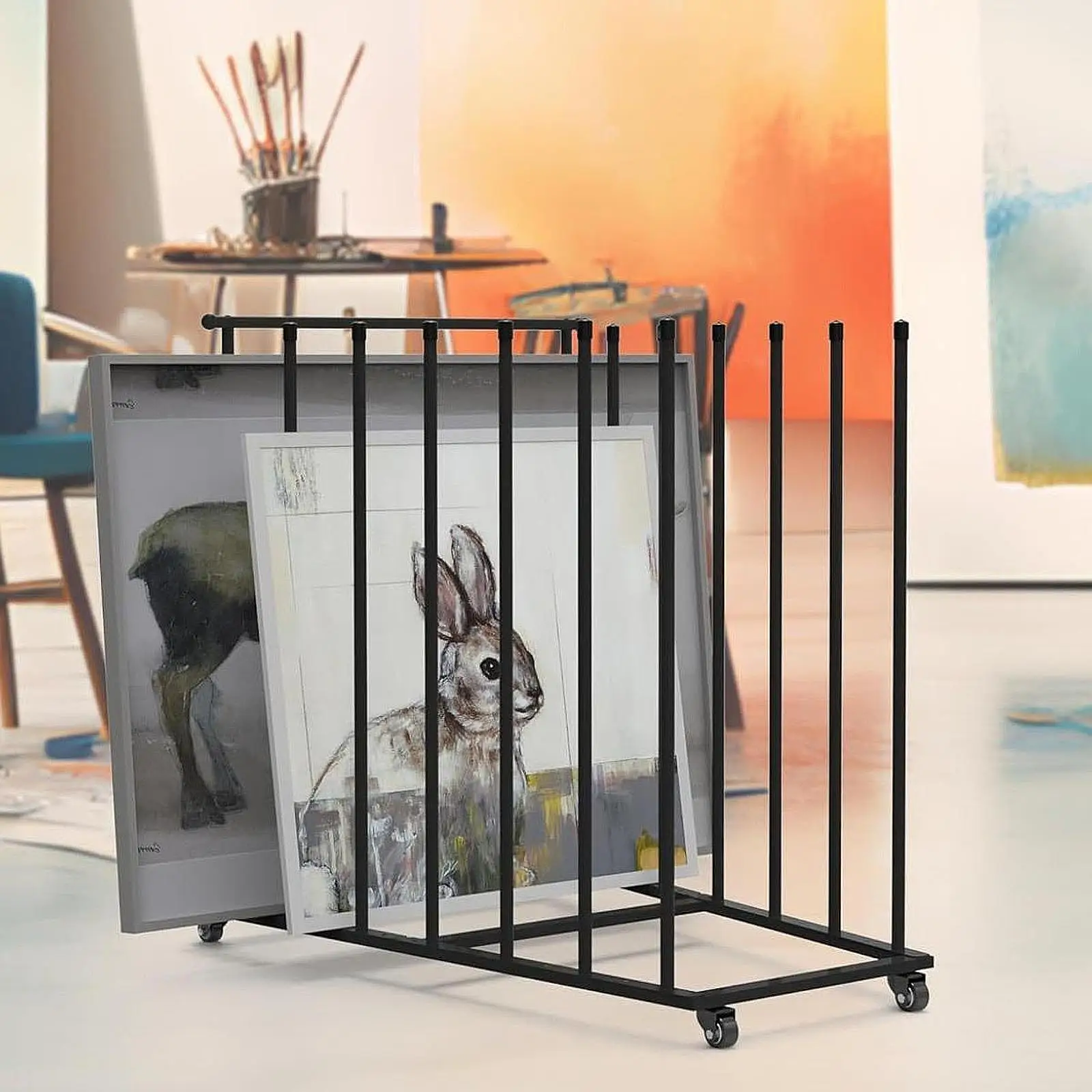 Carton Storage Rack with Casters Art Storage Cart with High Side Rails Storages Organizer Canvas Panel Organizer