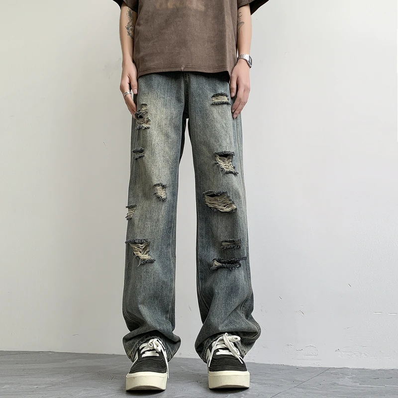 Y2K Style Straight Jeans Men's Fashion Ripped Street Casual Wide Leg Jeans Women's 2024 Summer Retro Blue Loose Pants Hip-Hop