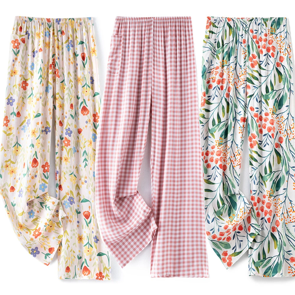 Women's Sleeping Pants Dot Lattice Sleepwear Wide Leg Pants High Waist Casual Female Calf-Length Clothes Loose Trousers Outwear_voghion.com