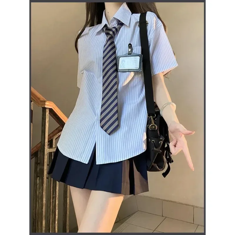 Japanese Style Striped Short Sleeved Jk Uniform Tie Women Summer Korean Chic Sailor Uniform Shirt Skirt School Clothes