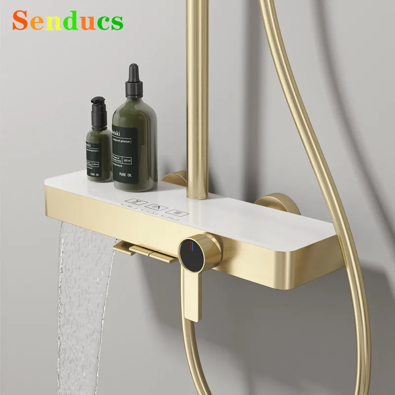 ชุดฝักบัวอาบน้ำแบบเปียโนสีทองขัดเงา ก๊อกผสมน้ำร้อนน้ำเย็นสำหรับห้องน้ำ ฝักบัวแบบเรนชาวเวอร์ สีโรสโกลด์ ระบบฝักบัวอาบน้ำแบบเปียโน 1