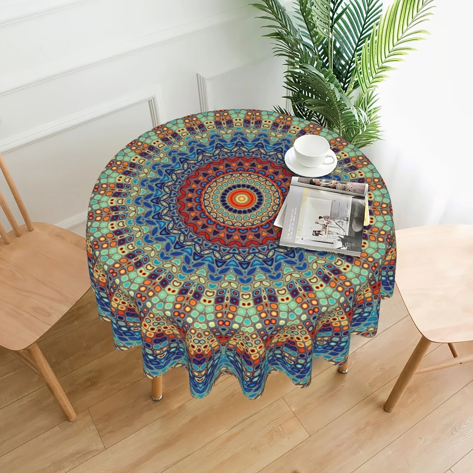 

1pc Mandala Round Tablecloth, Waterproof Colorful Circular Patio Dining Table Cover, Boho Cloths Covers For 60 Inch