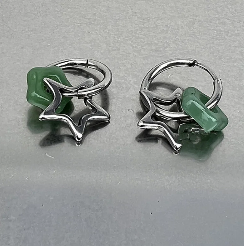 

Imitation Natural Jade Star Earrings Fashion Metal Punk Style Pentagram Pendant Earring Buckle Ladies Party Gift Fine Jewelry