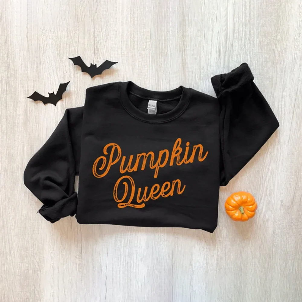 

1pc Fashion Black White Pumpkin Queen Sweatshirt Halloween Fall Shirt Funny Costumes Dress Up Halloween Long Sleeved T-shirt