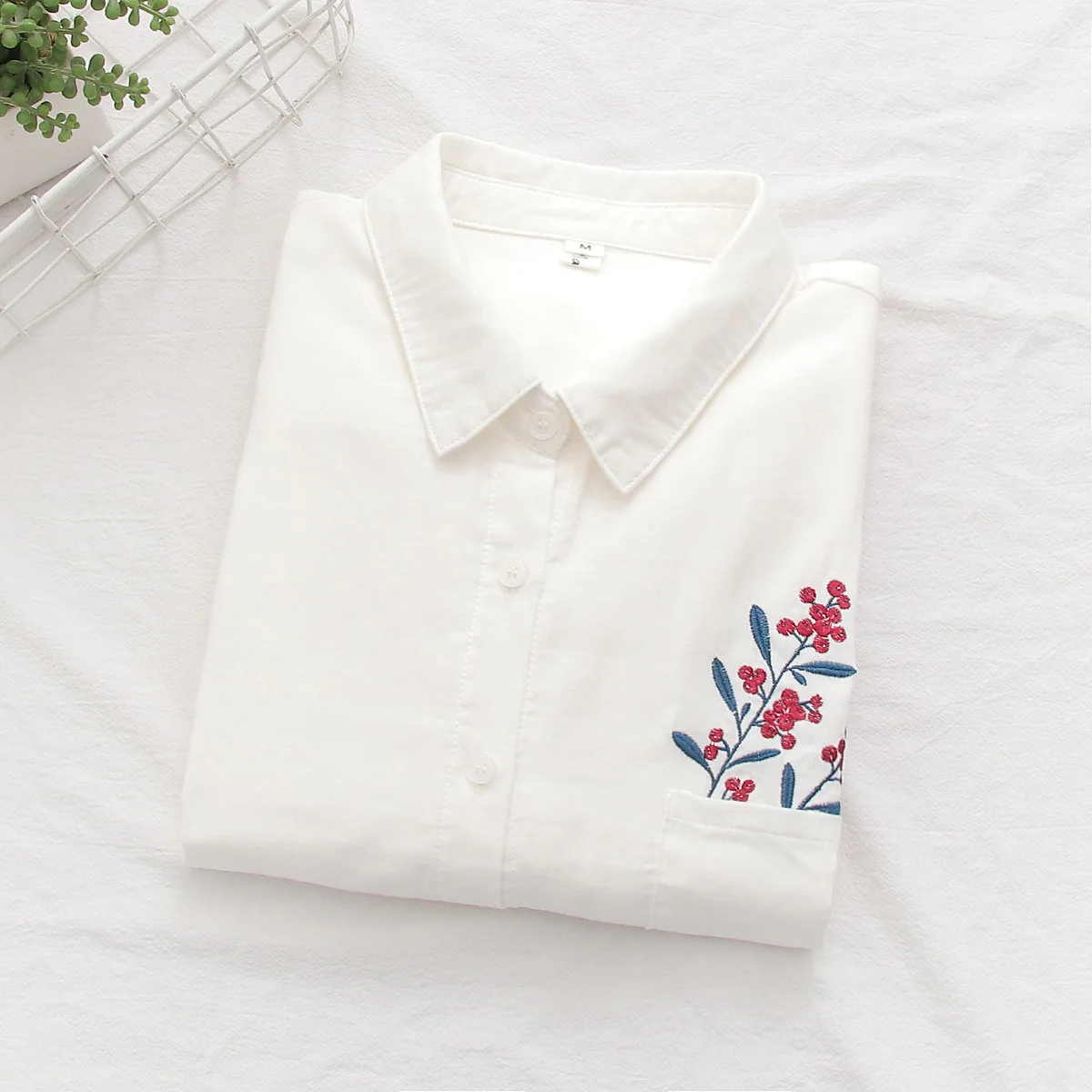 

100% Cotton Yarn White Shirts & Blouses Women Spring Summer Lapel Long Sleeve Embroider Blouses Lady Trend 2024 Tops