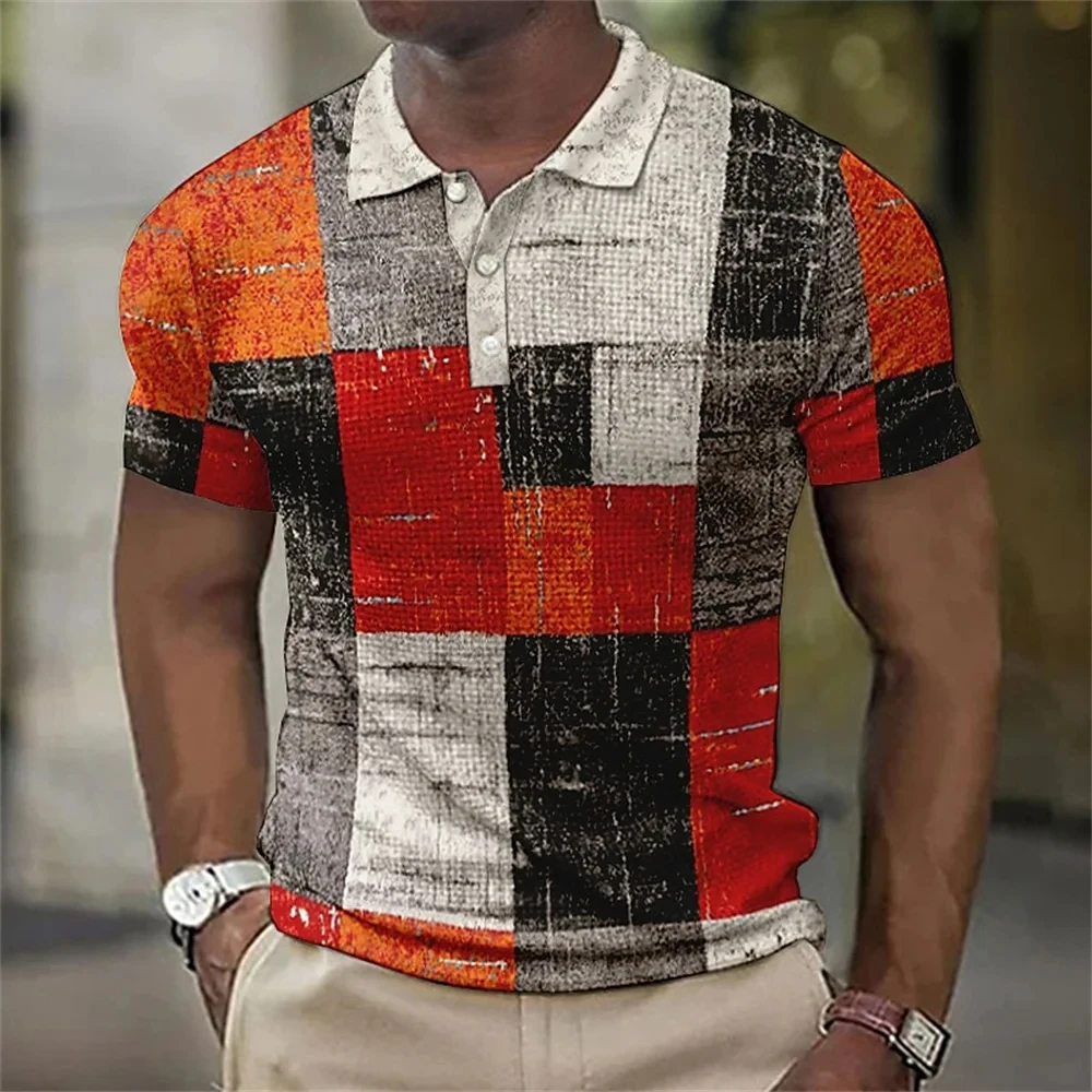 

Street Men's Polo Shirts Colorful Plaid Print Tops Oversized Short Sleeve T-Shirt Summer Harajuku Clothing Male Retro Polo Shirt