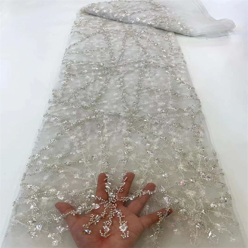 

Familiar French Tulle Mesh Lace Fabric Hand made Beaded Lace 5 Yards Luxury Embroidery Sequines Lace Fabric Wedding XC12504