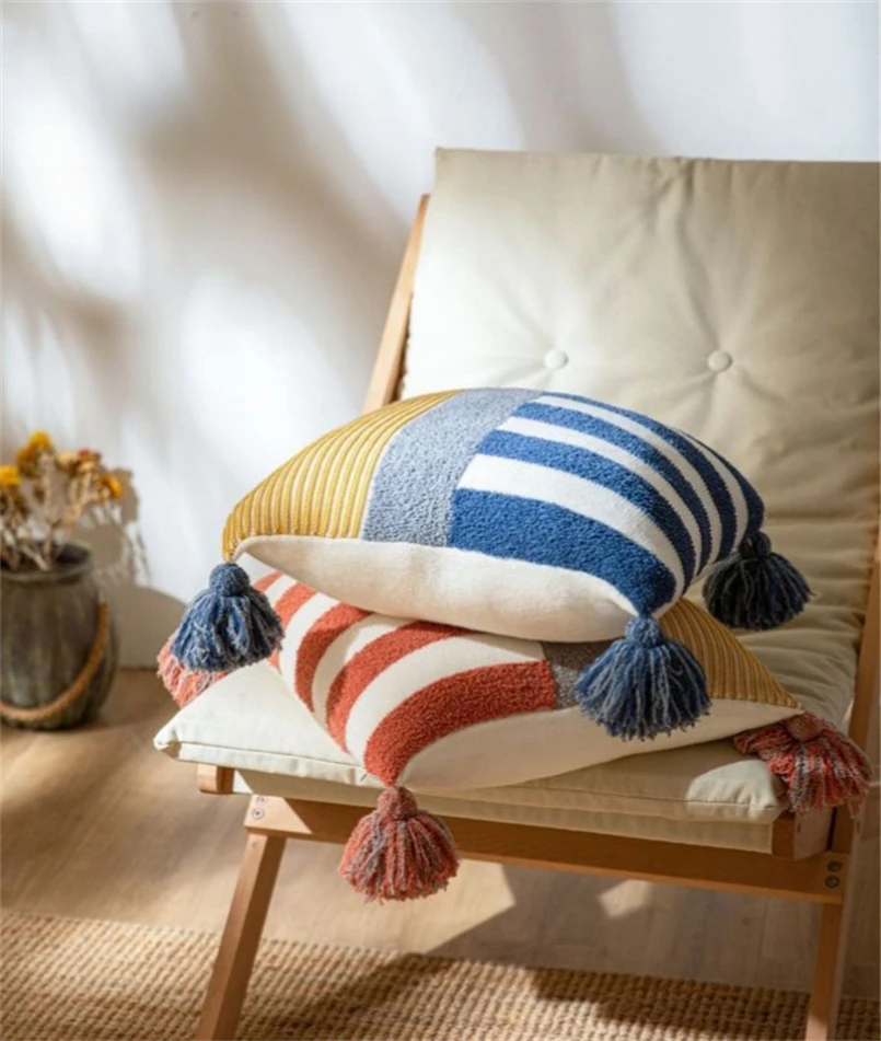 

Modern Simple Knitted Stitching Striped Tassel Sofa Pillow Case Homestay Home Decoration Decorative Pillow Case