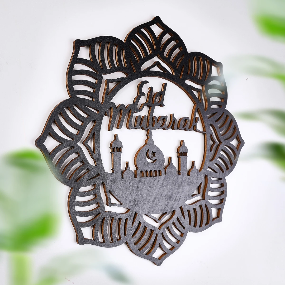 1PC, EID Mubarak Creative Black wooden eight-petal flower-shaped retro pattern decorative pendant