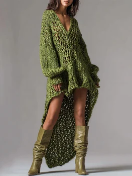 V-Neck Rib Knitted Dress Hollow Out Loose Fit Mini Skirt Asymmetrical Hem Street Style Sexy Trendy Women's Fashion Party Dresses 1