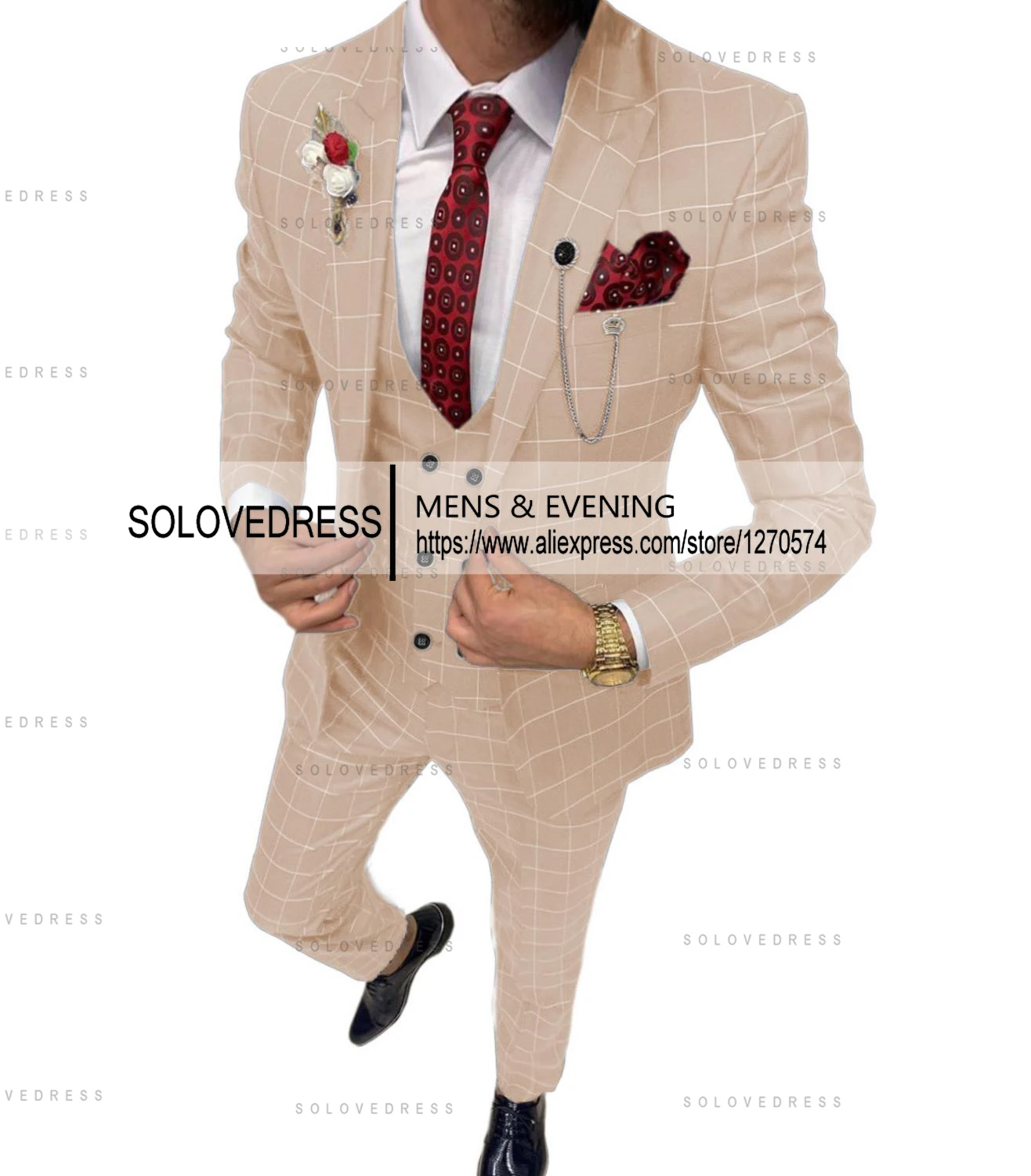 Mens Fashion 3 Pieces Men's Suit Plaid Breathable Prom Tuxedos for Wedding Grooms (Blazer+Vest+Pants)