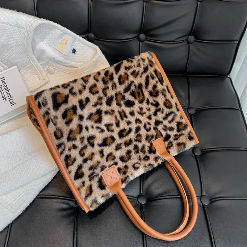 Women's Faux Fur Leopard Print Designer Shopper Totes Soft Plush Female Shoulder Bags Winter Large Capacity Handbags and Purse