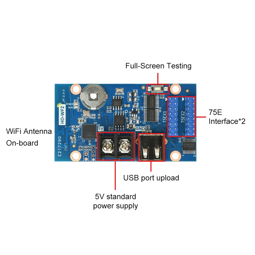 HD-WF2 HUB75 포트 WIFI 무선 LED 컨트롤러 RGB 패널 실내 컬러풀 도어 디스플레이 도어 헤드 스크린 컨트롤 카드