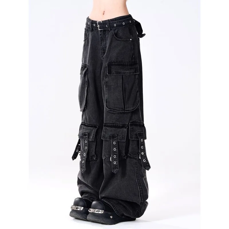 Y2K 2000S Black Cargo Jeans Women Vintage Streetwear Wide Leg Denim Pants Harajuku Dark High Waist Baggy Straight Trouser New 2