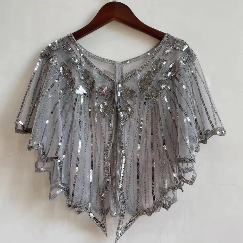 Women Prom Shawl Beaded Sequin Decor See-through Short Thin Shoulder Decoration Soft Breathable Prom Wedding Banquet Lady Cape