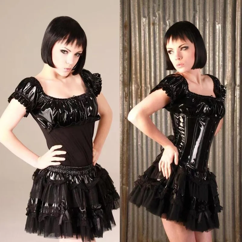 

Black PVC Latex Sexy Punk Gothic T-shirt Exotic Faux Leather Gauze Patchwork Tops PVC Mesh Top Club Party Costume 2023 New