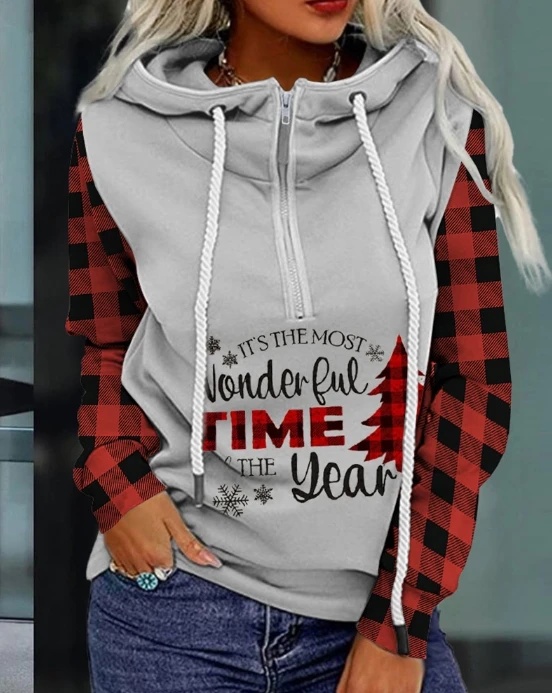 Women Sweatshirts Autumn Fashion Christmas Printed Plaid Patchwork Zipper Design Casual Long Sleeved Daily Pullover Hoodie