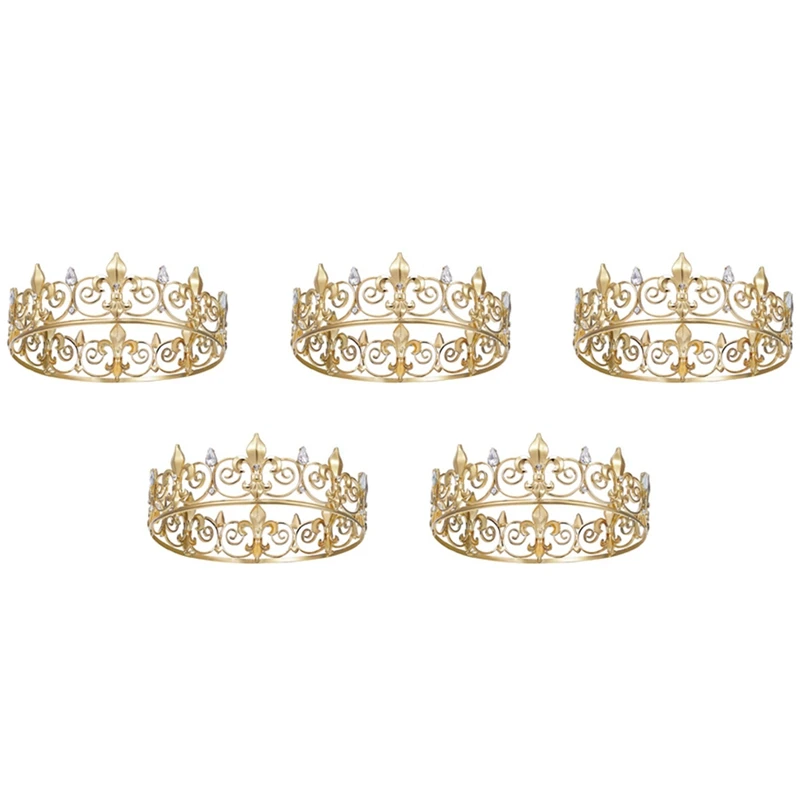 

5X Royal King Crown For Men - Metal Prince Crowns And Tiaras, Full Round Birthday Party Hats,Medieval Accessories (Gold)