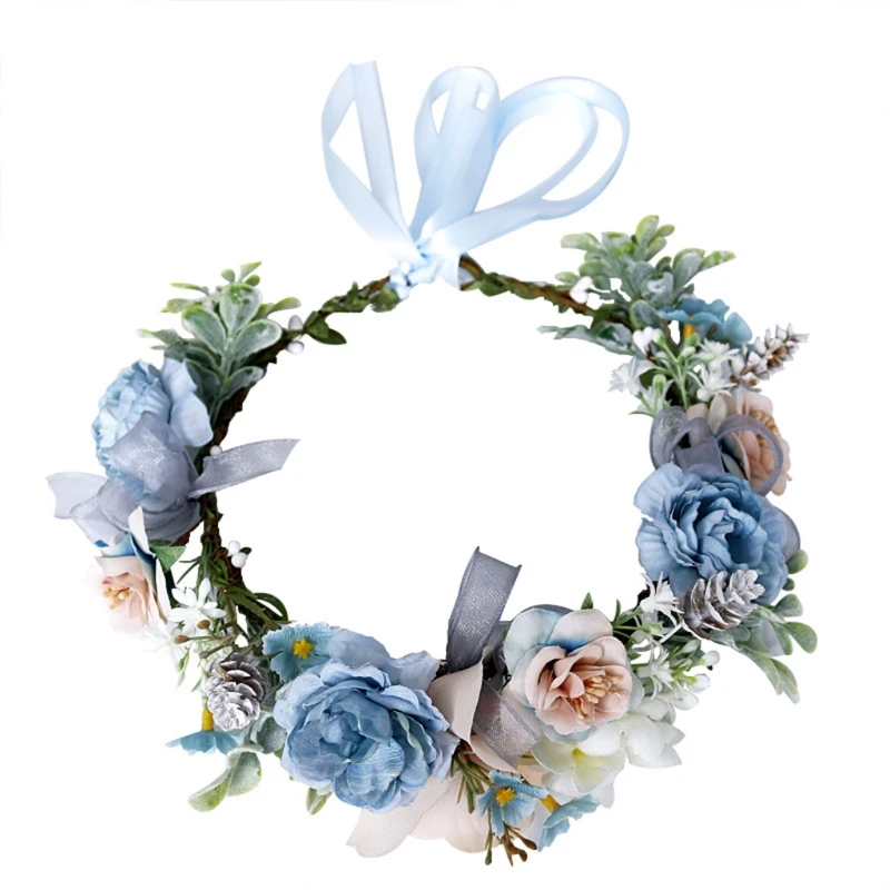 

Women Girls Flower Simulation Blue Floral Wreath Headband Bohemian Wedding Party Bridal Headwear