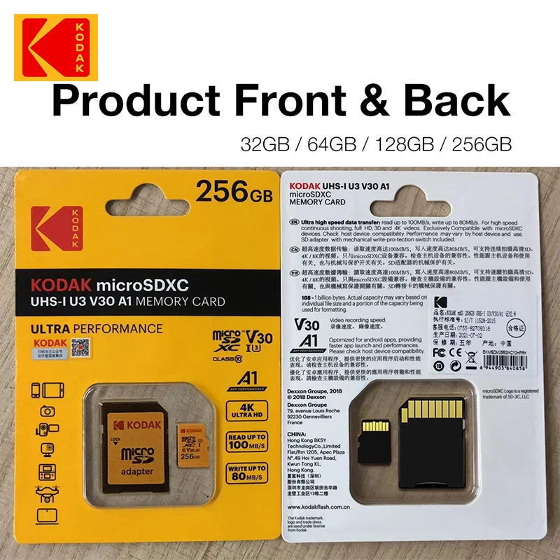 KODAK 고속 플래시 메모리 카드 및 카드 리더기, 마이크로 SD 카드, 클래스 10, 32GB, 64GB, 128GB, 256GB, U3, 4K