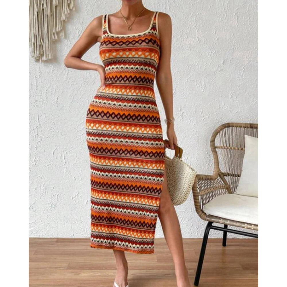 Summer Women Geometric Pattern Square Neck Side Slit Bodycon Dress Casual Sleeveless Midi Dress Fashion Sexy Outfits Streetwear