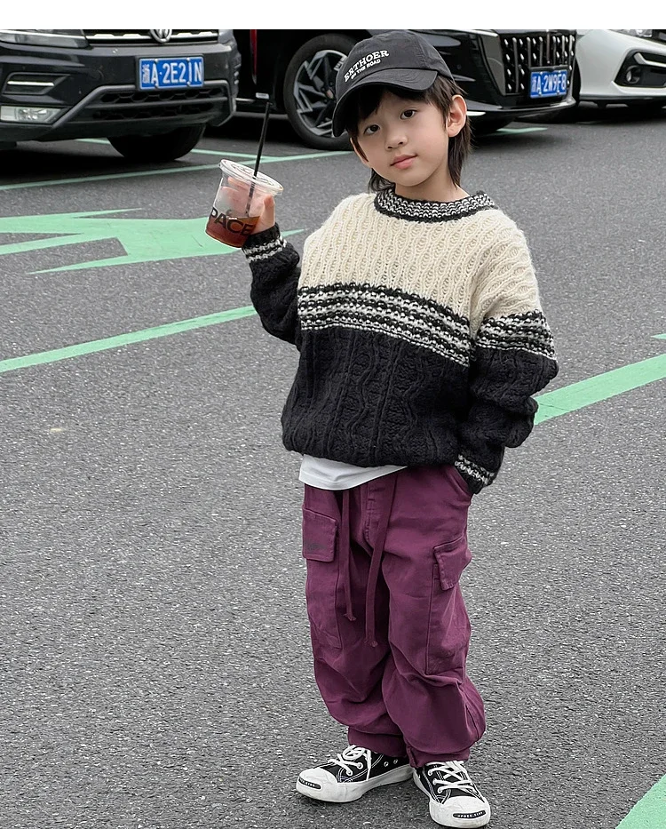 

Bb Children's Clothing Boys' round Neck Sweater Winter 2023 New Children's Stitching Casual Loose All-Matching Top