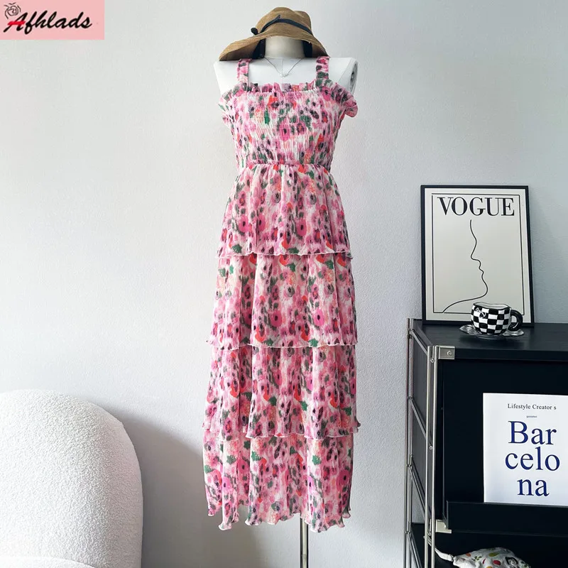 

Spring New Holiday Floral Spaghetti Strap Dress Summer Sleeveless Bohemian High Waist Chiffon Print Women's Clothing