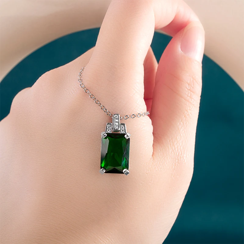 925 Sterling Silver Necklace for Women 8*14mm Emerald Square Pendant 45cm Clavicle Chain Female Wedding Dinner Gift JoiasHome pendant necklace silver necklace silver pendant silver necklace charms