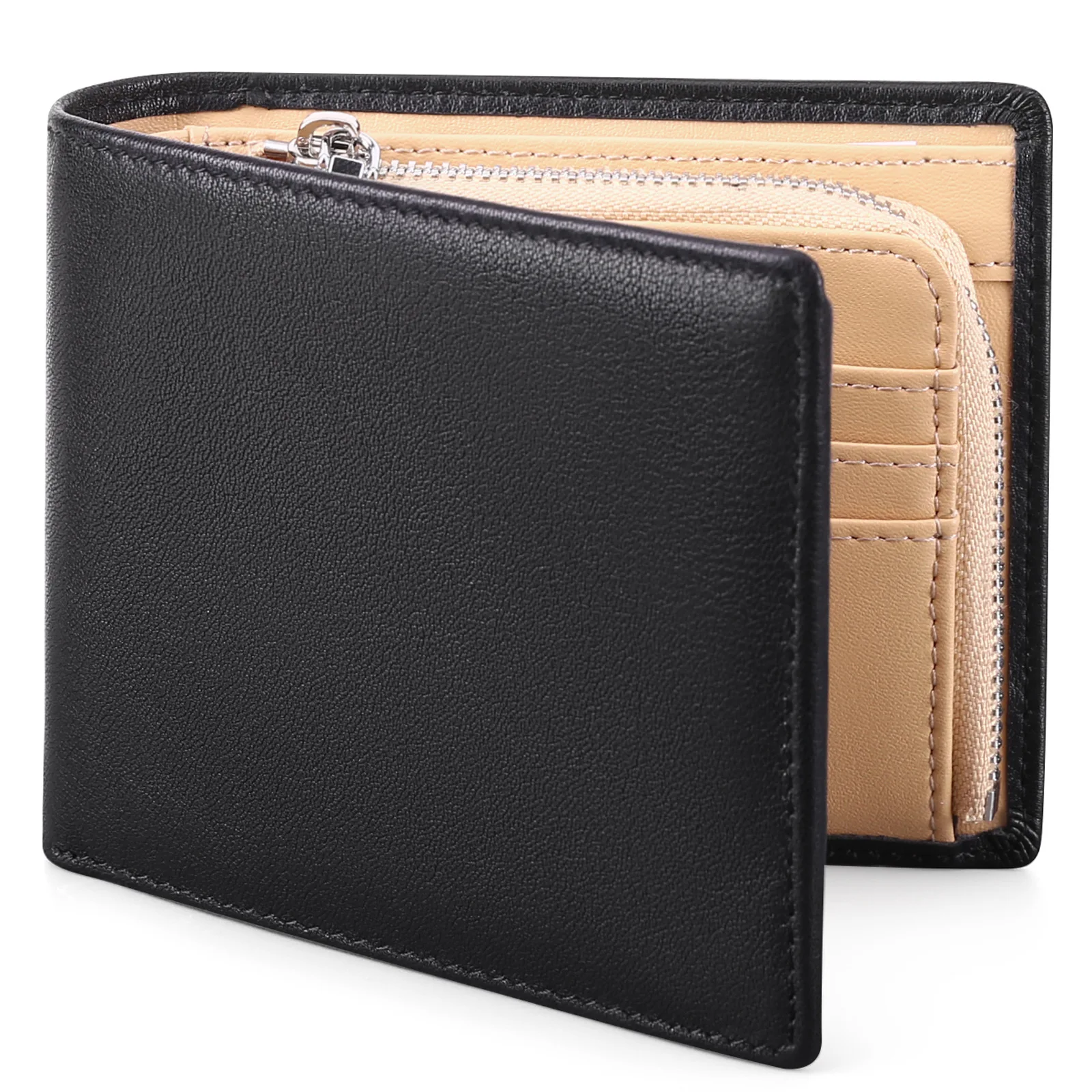 

Genuine Leather Men's Wallets Money Bag Clip Multi-Card Space Large-Capacity Credit Card Holder Zipper Coin Purse Contrast Color
