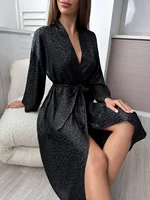 Leopard Print Night Robe Long Sleeve V Neck Robe With Belt  Women's Sleepwear - Image 4