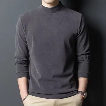 남성용 하프 터틀넥 보온 셔츠, 탄력 있는 양면 플리스 탑, 단색 긴팔, 자체 발열 보터밍 셔츠