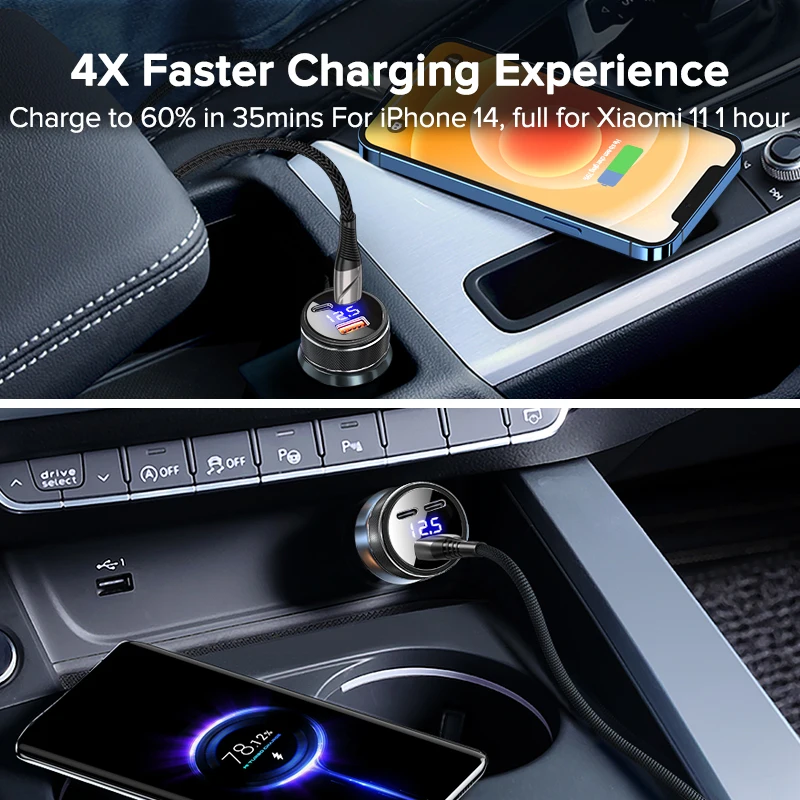 QOOVI 78W 3-Ports Car Charger PD USB Type C QC3.0 Phone Charger Fast Charging For iPhone 14 Xiaomi Samsung iPad Laptops Tablets