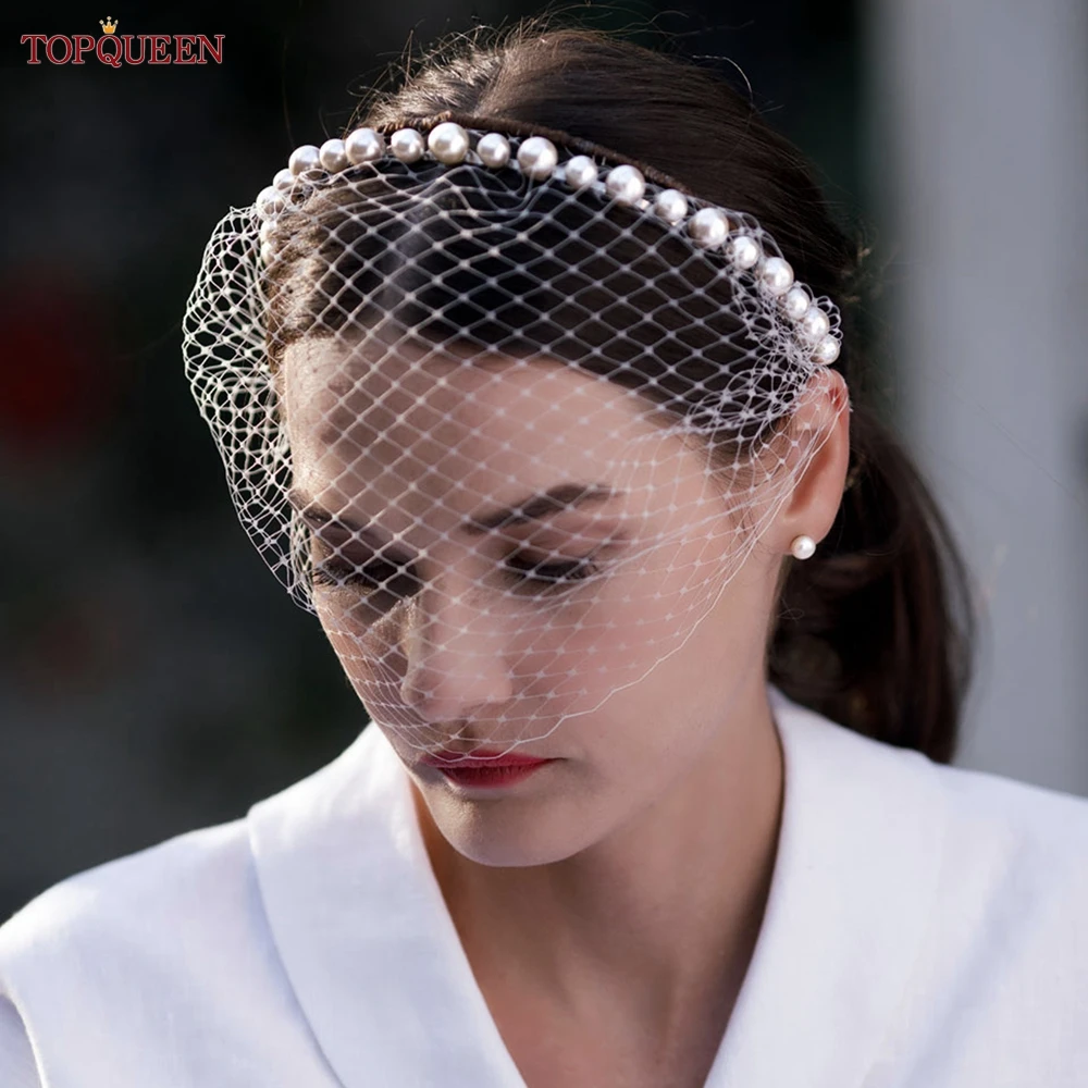 New Beaded Pearl Fishnet Face Cover Headband Vintage Wedding Veil