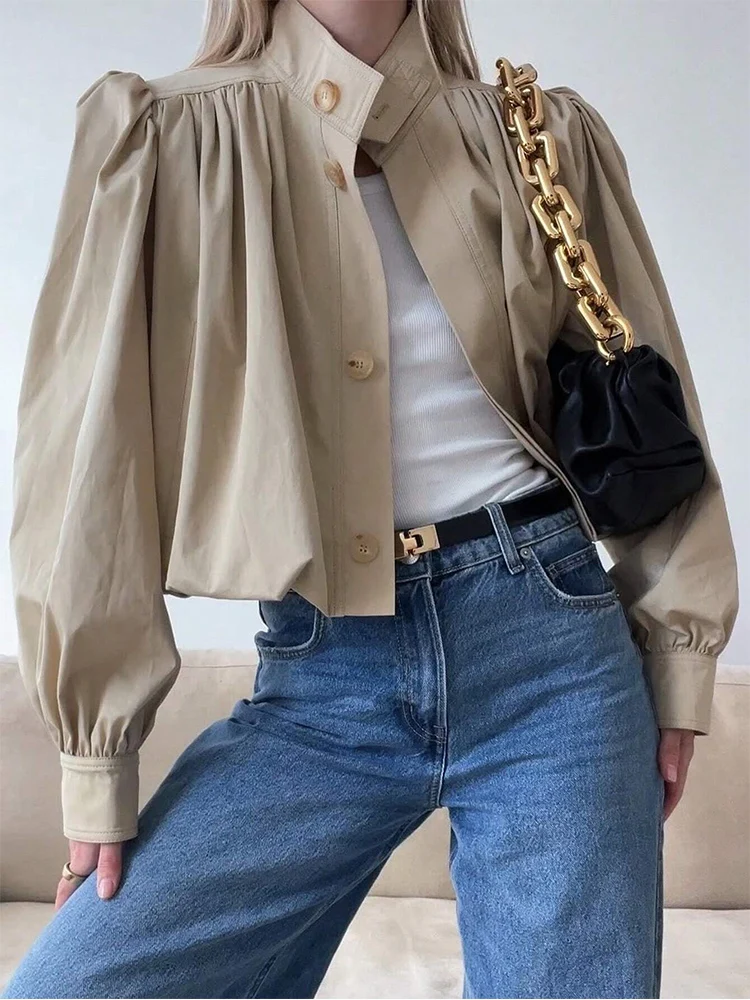 Fashion Women Short Coat Solid Color Full Sleeve Turtleneck Single Breasted Jacket Lady Spring Autumn Chic Pleated Outerwear