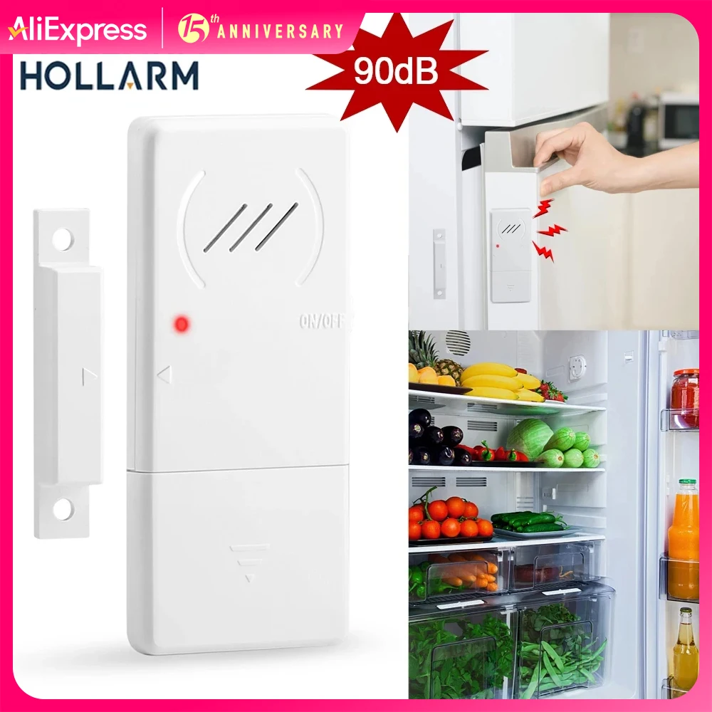 Hollarm Freezer Door Alarm 3/15/30/60 Seconds Adjustable Delay Refrigerator Alarms Wireless Window Door Opening Sensor Loud 90dB