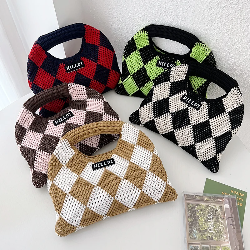 Soft Handwoven Diamond Lattice Knit Small Top Handle Bag Contrast Color Plaid Mini Tote Cute Y2K INS Style Minimalist Wholesale