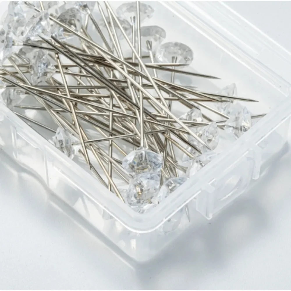 1 상자 50Pcs 합금 핀 투명 다이아몬드 핀 DIY 웨딩 부케 핀 스티치 바늘 플라스틱 상자 바느질 액세서리