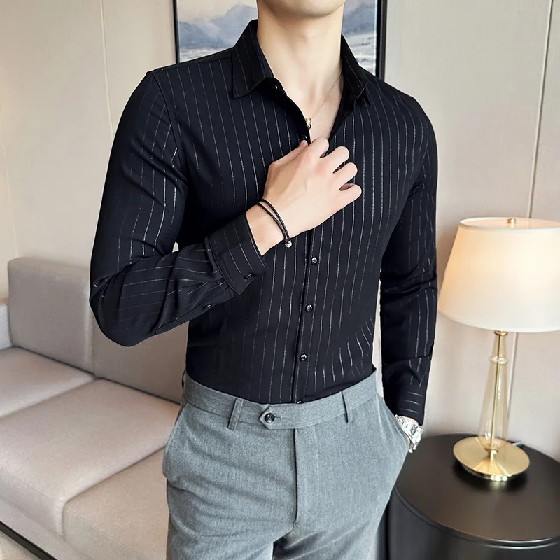 

2023-New Men's Fashion Business Gentleman Trend Fashion Korean Version of All Stripes Casual British Slim-fit Long Sleeve Shirt